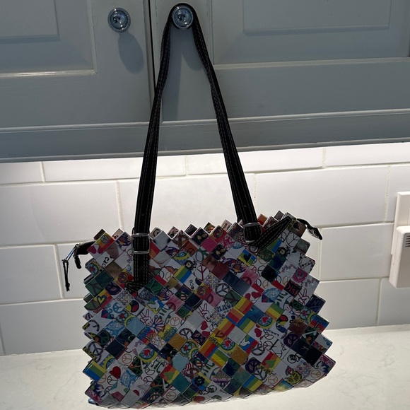 Nahui Ollin Handbags - Nahui Ollin Colorful candy wrapper Woven Tote with Brown Handles